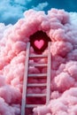 A wooden ladder leading to a pink heart in the clouds