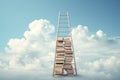 Wooden ladder leading to the sky with books. 3D Rendering, book stack with ladder on sky with clouds backgrou