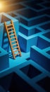 Wooden ladder placed on a blue maze structure with strategic lighting and shadow effects Royalty Free Stock Photo