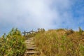 Wooden ladder up to blue sky like completing the goal