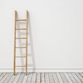 Wooden ladder on white wall with vintage wooden floor, background