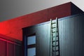 Wooden Ladders Leant Unto Wooden Building Wall, Building On Background Illuminated By Red Light. 3d rendering