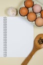 Wooden ladle with spices, eggs and garlic with a blank notebook page Royalty Free Stock Photo