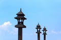 Wooden Lamp Post against Blue Sky Background