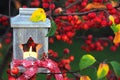 Wooden lantern with in an apple tree.