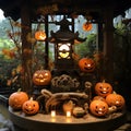 Wooden lantern with yellow light surrounded by golden lanterns on Halloween