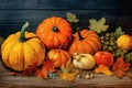 season autumn background wood rustic orange leaf pumpkin fall halloween wooden. Generative AI. Royalty Free Stock Photo