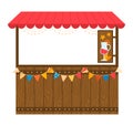 Wooden lemonade stand with red canopy and festive banners. Vector illustration of a drink kiosk with a summer vibe. Fair