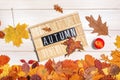 Wooden letter board with the text word Autumn, red ripe apple and dry fallen leaves on a white background. Autumn season Royalty Free Stock Photo