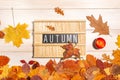 Wooden letter board with the text word Autumn, red ripe apple and dry fallen leaves on a white background. Autumn season Royalty Free Stock Photo