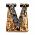 a wooden letter v with rusty nails