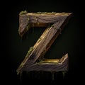 Wooden letter Z. Wood font made of sticks, bark and wood. Forest typographic symbol.