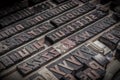 Wooden letters blocks from old letterpress alphabet used for typesetting