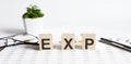 Wooden letters spelling EXP , management concept sign