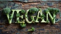 A wooden letters spelling out the word 'vegan' made of vegetables, AI