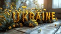 A wooden letters spelling ukraine are surrounded by yellow flowers, AI