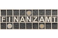 Wooden letters word FINANZAMT with three coins