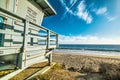 Wooden lifeguard tower in Malibu at sunset Royalty Free Stock Photo