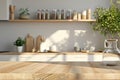 Wooden light empty countertop in Scandinavian minimalist style, flooded natural light, kitchen backsplash in interior