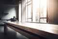 Wooden light empty tabletop, interior of modern kitchen minimalistic ecological style. Scene showcase template Royalty Free Stock Photo