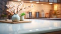 Wooden light empty tabletop in modern kitchen, Asian oriental style, kitchen panel in interior