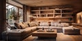 Wooden lining in chalet. Interior design of modern living room Royalty Free Stock Photo