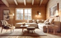 Wooden lining in chalet. Interior design of modern living room. Created with generative AI Royalty Free Stock Photo