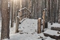 Wooden little bridge in a Coniferous forest covered with snow Royalty Free Stock Photo