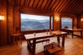 Wooden living room with mountain view. Royalty Free Stock Photo