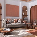 Wooden living room in white and orange tones with parquet floor. Fabric sofa, capet, coffee tables and curtains. Japandi farmhouse Royalty Free Stock Photo