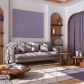 Wooden living room in white and purple tones with parquet floor. Fabric sofa, capet, coffee tables and curtains. Japandi farmhouse Royalty Free Stock Photo