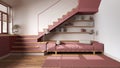 Wooden living room in white and red tones. Fabric sofa with pillows, carpet and bookshelf, minimal staircase and panoramic window Royalty Free Stock Photo