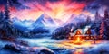 Wooden lodge house fire winter forest mountains Royalty Free Stock Photo