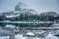 Wooden lodge in pine forest with heavy snow reflection on Lake O'hara at Yoho national park Royalty Free Stock Photo