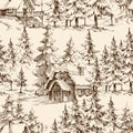 Wooden lodge in the pine forest pattern