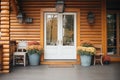 wooden lodge with a welcoming open front door