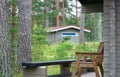 Wooden lodges in forest