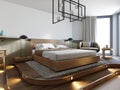 Wooden loft style bedroom with wooden podium for stand bed. Eco design scheme is bright and minimalistic with rotang chair and Royalty Free Stock Photo