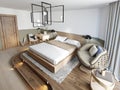 Wooden loft style bedroom with wooden podium for stand bed. Eco design scheme is bright and minimalistic with rotang chair and Royalty Free Stock Photo