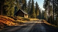 Wooden Log Cabin On Road: A Max Rive Inspired 8k Uhd Landscape Royalty Free Stock Photo