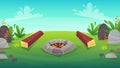 2 wooden log at camping fire barbeque, cartoon nature picnic vector illustration Royalty Free Stock Photo