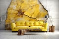 Wooden log coffee table near yellow sofa against grunge aged concrete cracked wall. Loft interior design of modern living room.