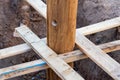 A wooden log fixed with struts in a pit, before pouring concrete Royalty Free Stock Photo