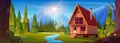 Wooden log house near mountain river Royalty Free Stock Photo