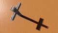 Wooden logg cross on an clay background. 3d illustration metaphor for God, Christ, Christianity, religious Royalty Free Stock Photo