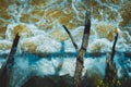 wooden logs above the foaming waters of the river