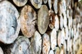 Wooden logs in a pile with bokeh. The firewood is stacked. Sawn tree trunk. Royalty Free Stock Photo