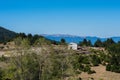 Wooden logs of pine woods in the forest and a distant white house. Logging in Pindus mountains Royalty Free Stock Photo