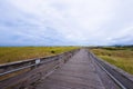 Wooden long sidewalk for vacationers traveling along coast of oc Royalty Free Stock Photo