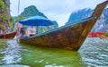 The wooden longtail boat at the coast of Ko Thalu Ok Island, Phang Nga Bay, Thailand Royalty Free Stock Photo